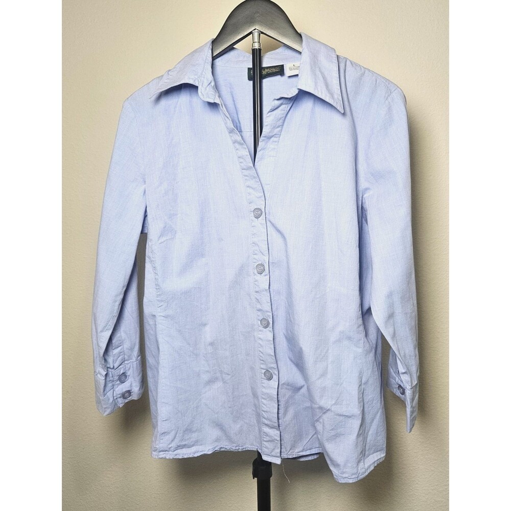 Harve Benard Womens L Blue Button Up Shirt 100% Cotton Collared Career Blouse